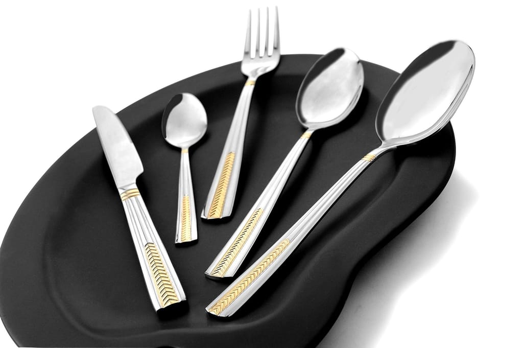 FnS Midas Premium Stainless Steel 24 Karat Gold Plated Cutlery Set, 24-Piece, Silver (6 Dinner Spoons, 6 Dinner Forks, 6 Tea Spoons & 6 Baby Spoons) view 2
