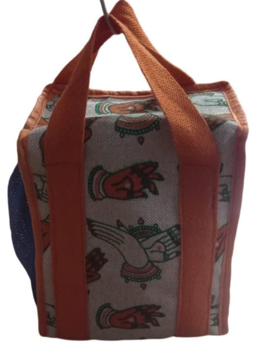 Printed Hand Motif Lunch Bag with Orange Handles view 2