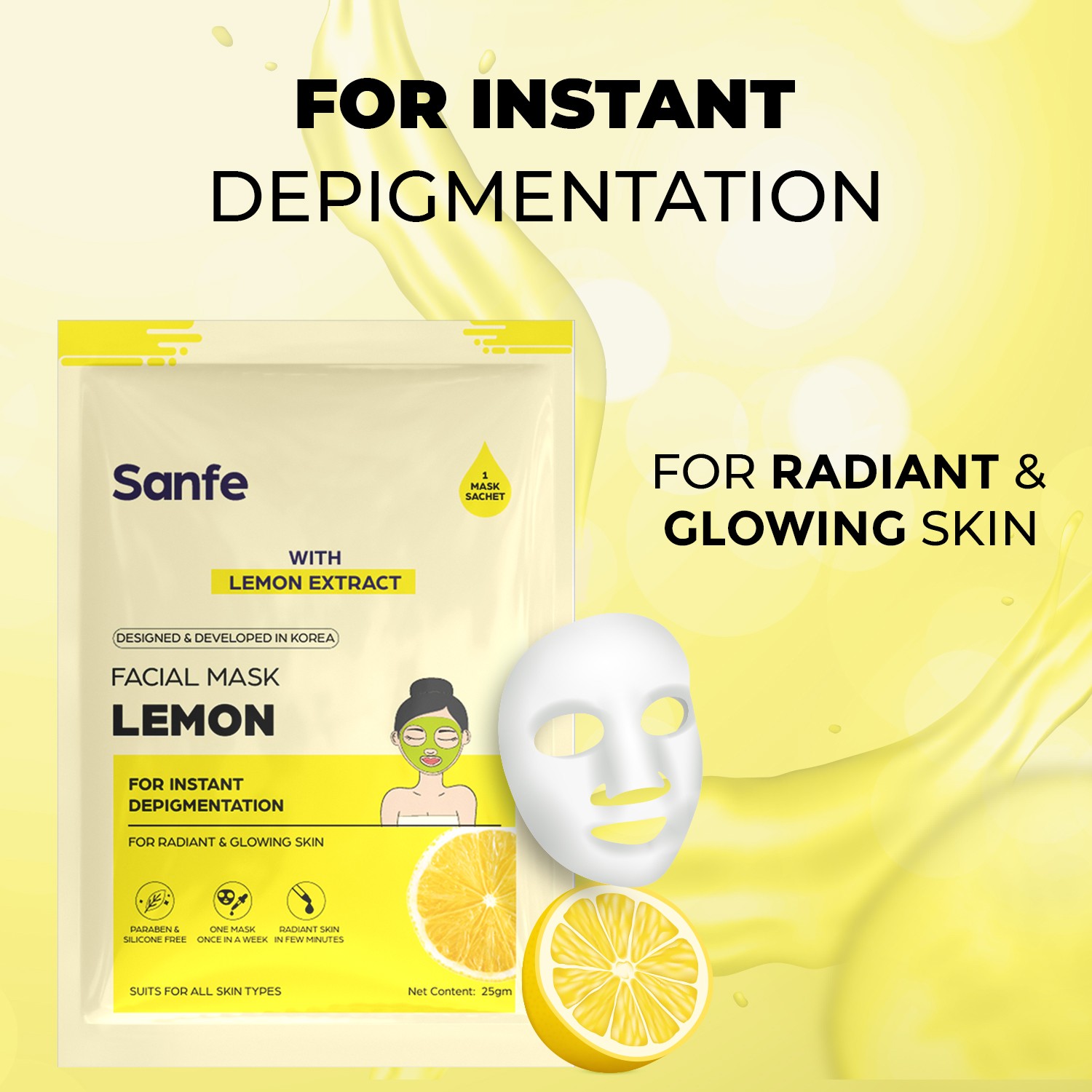 Sanfe Lemon Face Sheet Mask, Pack of 1, 25 g, Instant Depigmentation & Glow view 2