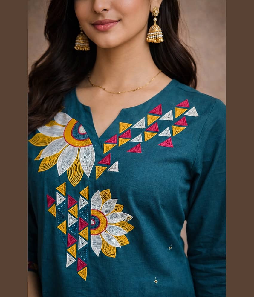 Aarika Women Cotton Embroidered Straight Kurti With Pants ( Teal ) view 2
