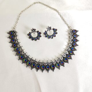 Elegant Stylish Peacock Color Design Oxidized Silver Tone Necklace and Earrings Set For women