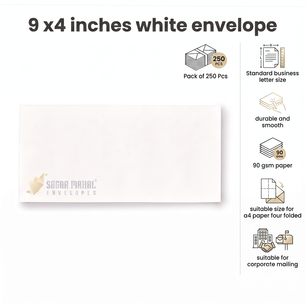 Premium 9×4 Inch White Mailing Envelopes – 90 GSM, Box of 250 | Ideal for Invoices & Documents
