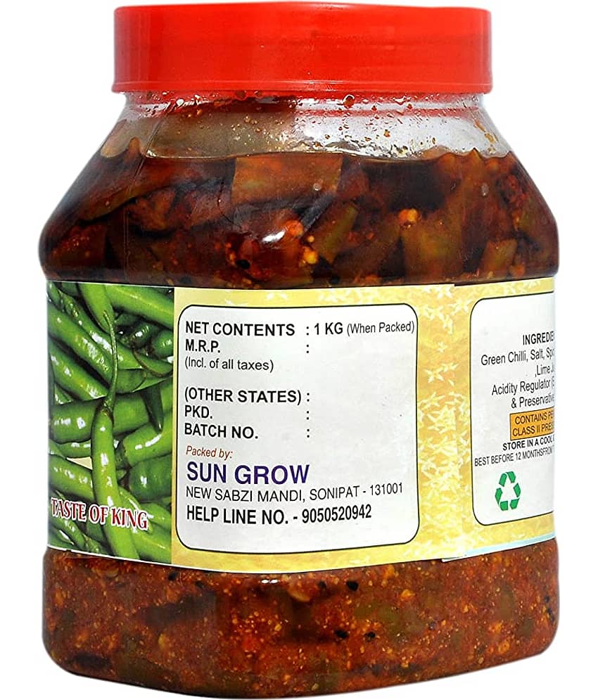 Sun Grow HOMEMADE Handmade Organic Royal Kashmiri Green Chilli Pickle Achaar Tate of King Trust Pickle 1 kg view 2