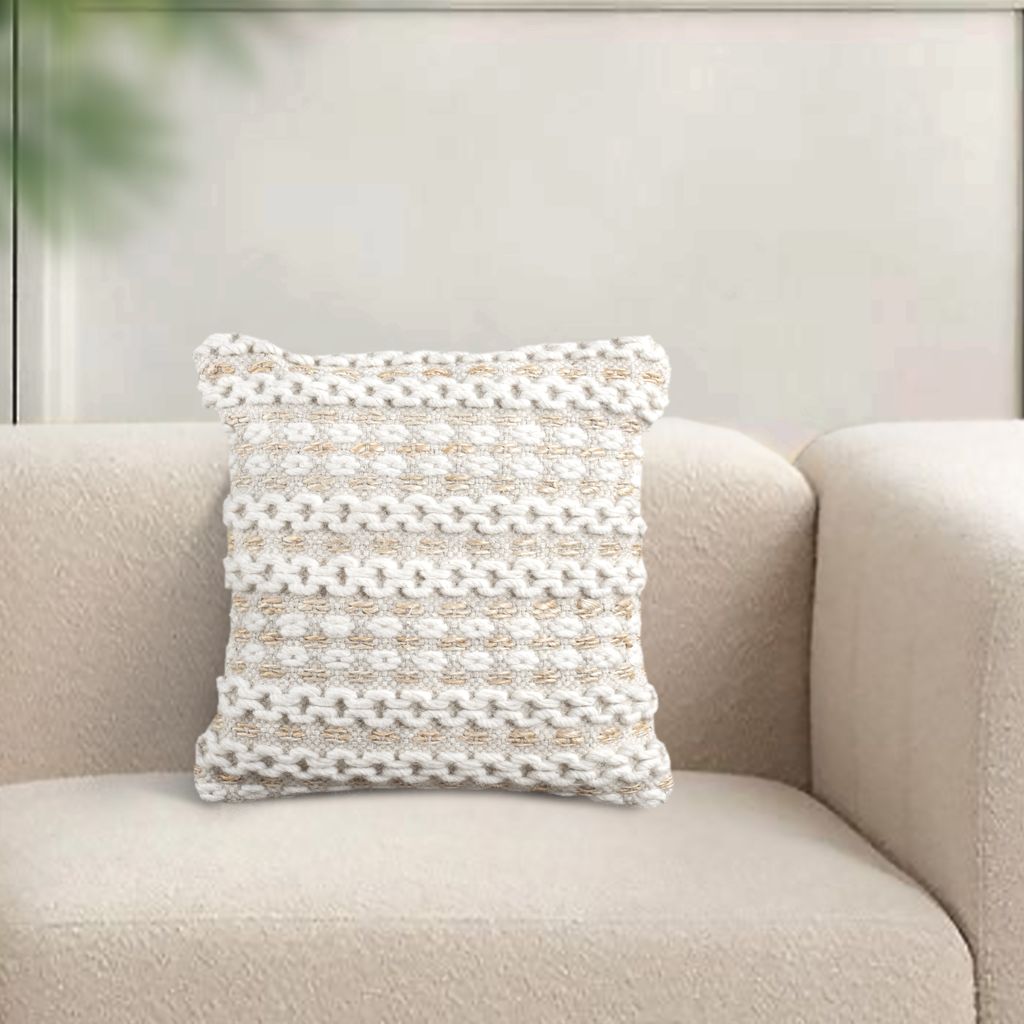 COHEN Handmade Jute & Wool Cushion Cover | Ivory | Textured Decorative Throw Cushion | 45x45 cm