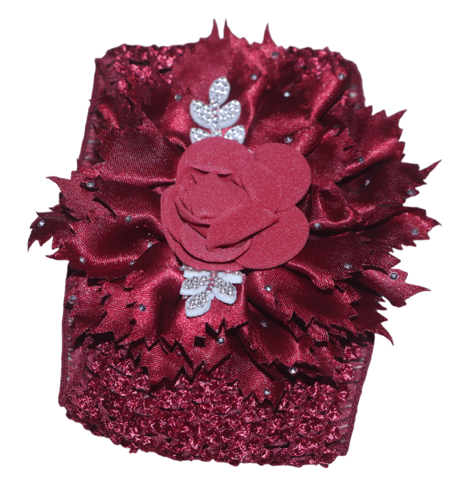 Burgundy Baby Headband with Floral Embellishments view 2