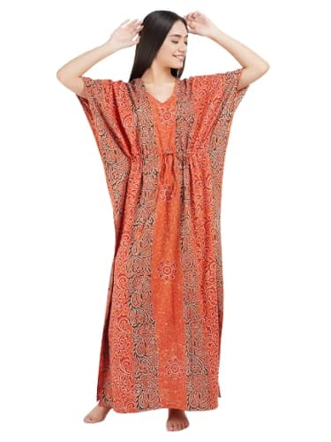 KOI SLEEPWEAR Cotton Kaftan Free Size Nighty Night Gown Sleepwear Orange