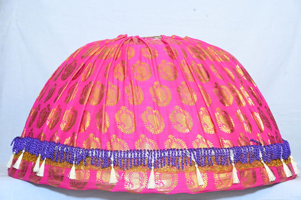 Pink and gold round fabric basket with tassels view 2