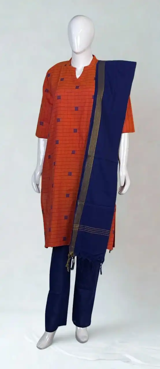 Woven Check Cotton Kurti Set Terracotta Indigo 3 Piece view 2