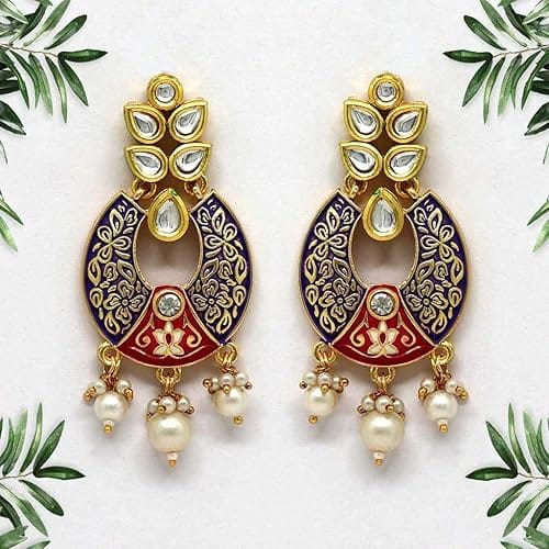 STOREPEDIA Meenakari Gold Plated Kundan Earrings with White Pearl For Women/Girls Chand Bali Earrings Trendy Jewelry for Office Party Function Festival, Stylish Accessories for Women view 2