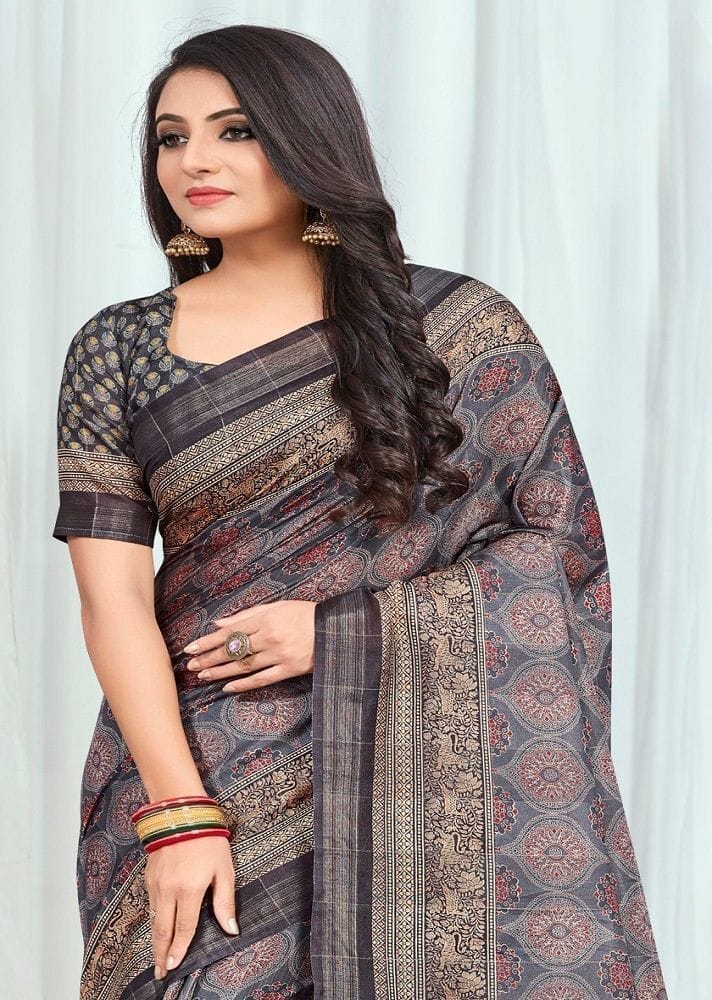 Digital Printed Cotton Silk Saree in Charcoal Black view 2