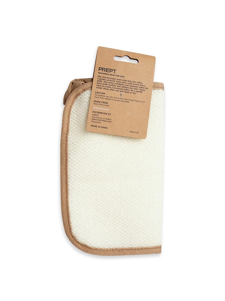 PREPT Exfoliating Wash Cloth for Men, Grooming Gear, White with Tan Trim view 2