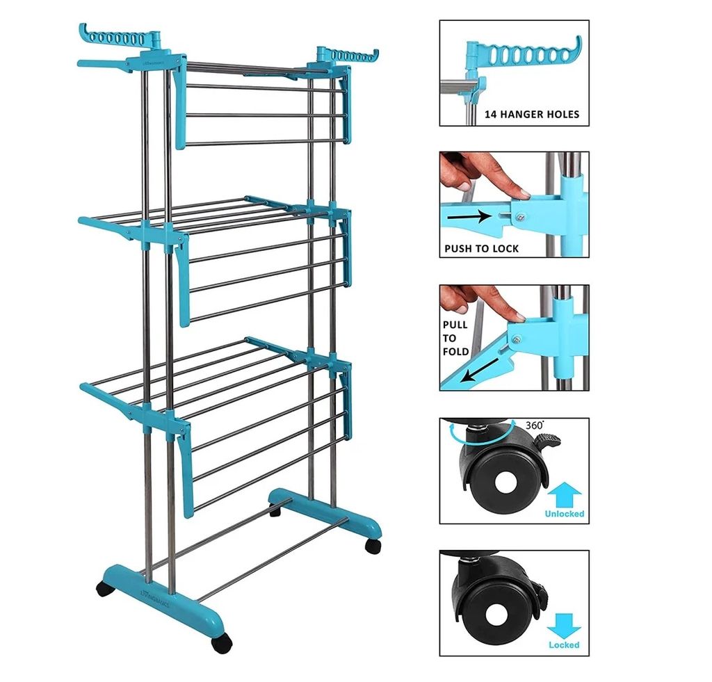 Clothes Drying Rack Heavy Duty Stainless Steel Laundry Airer 3-Tier Rolling view 2