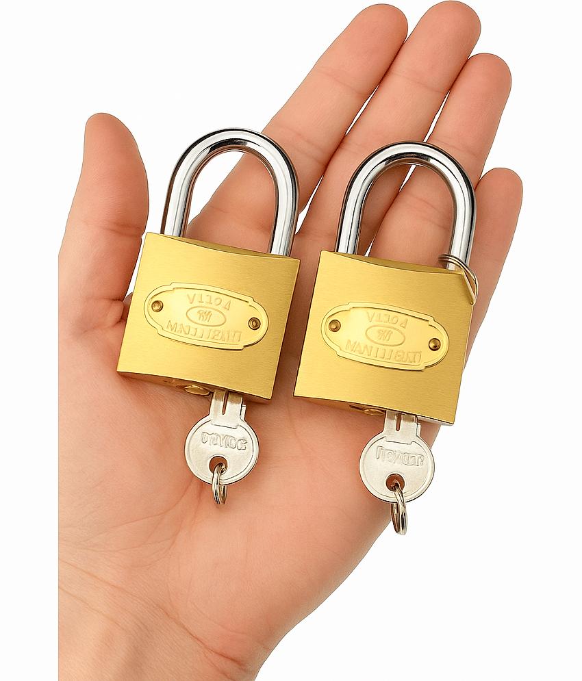 Golden Pressing Lock with 3 Keys for Home Doors, Luggage, Sheds & Gym Lockers | 32MM pack of 2 view 2