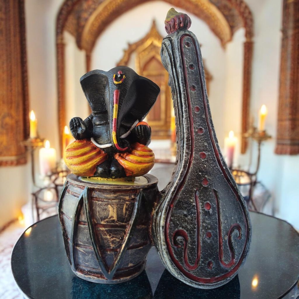 AMS Lord Ganesh Idol with Dholak and Veena Decorative Ganapati Murti for Home Decor, Office Desk, Prayer Room, Housewarming Gift Black and Gold Ganesha Figurine for Living Room, Spiritual Showpiece view 2