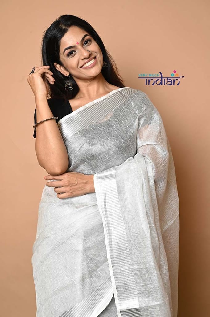 Pure Handwoven Organic Tissue Linen Saree - Silver colour view 2