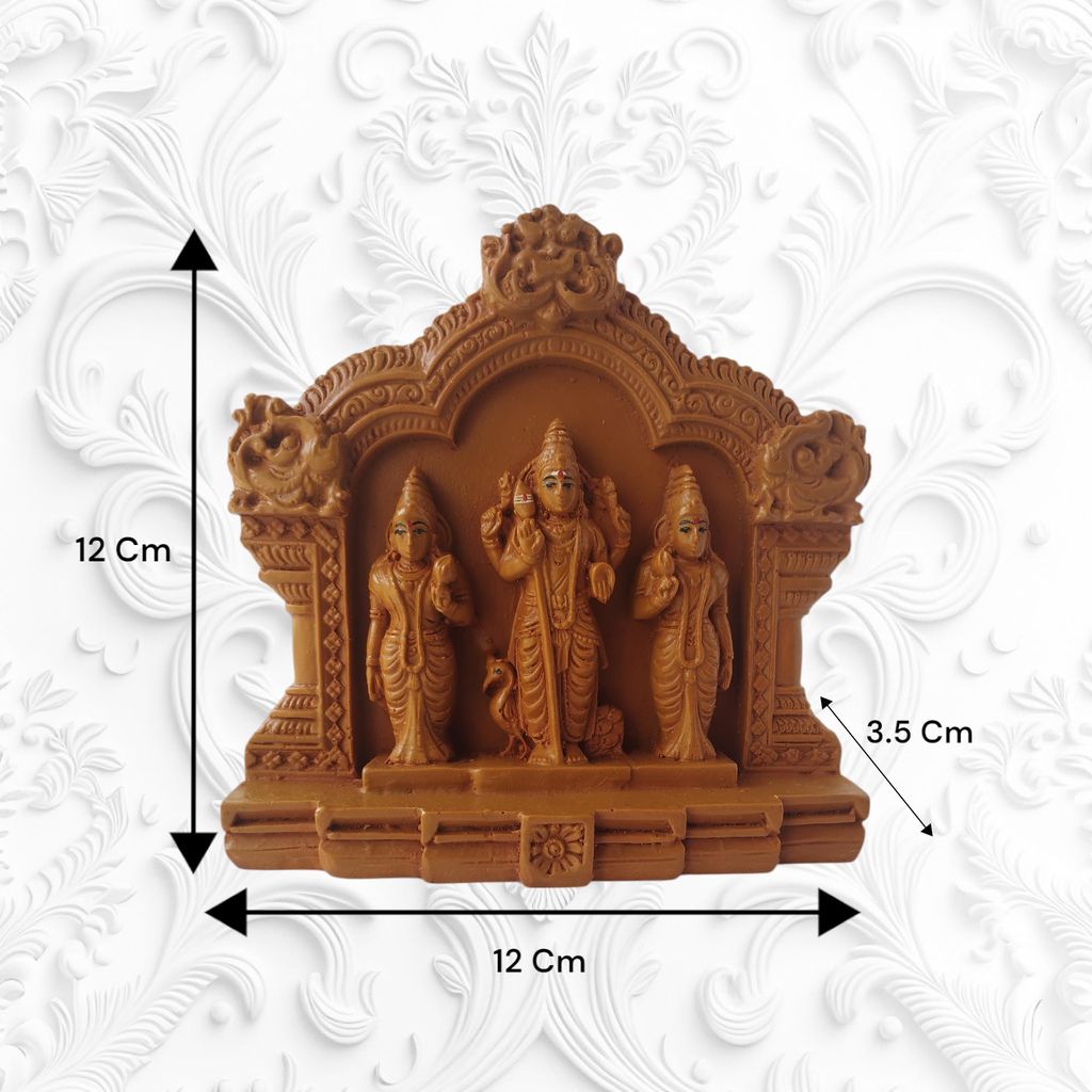 AMS Resin Thiruthani Murugan Idol with Peacock Hindu God Subramanya Swamy Statue with Wives Valli & Deivanai Spiritual Decor for Pooja Room, Home Temple & Devotional Gift 12 cm view 2