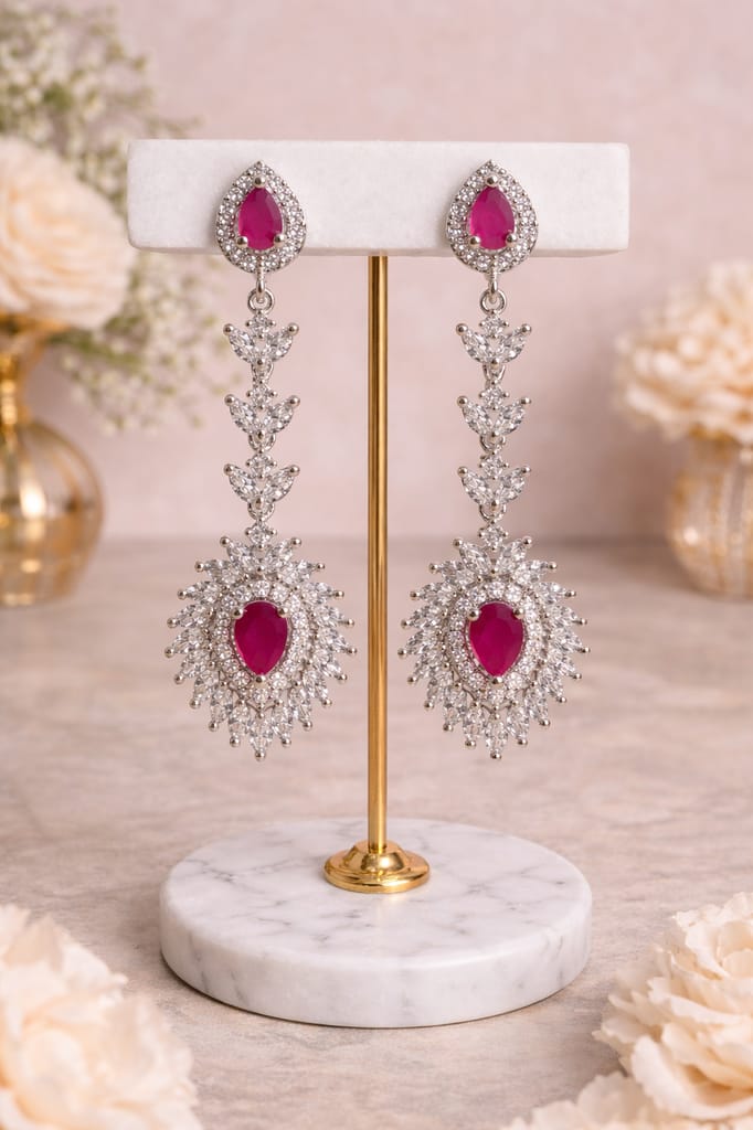 ✨Elegant Silver Plated Ruby Pink Stone & CZ Long Dangler Earrings ✨ view 2