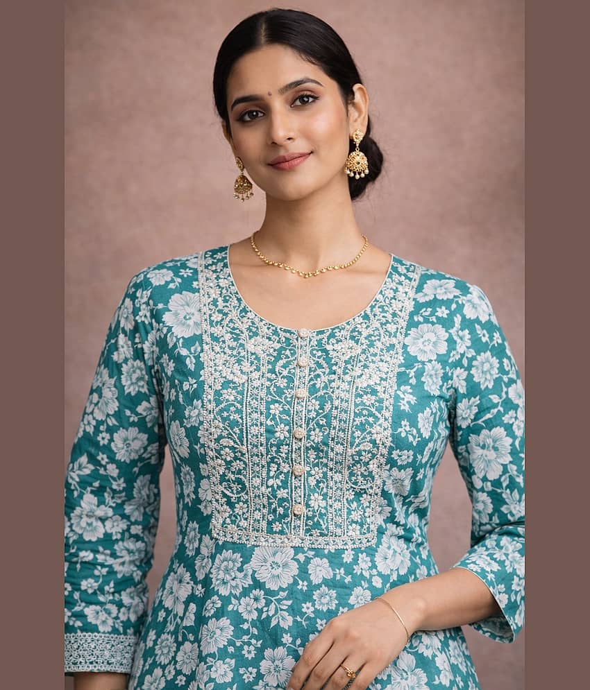 Aarika Women Cotton Blend Embroidered Fit & Flare Dress ( Sea Green ) view 2