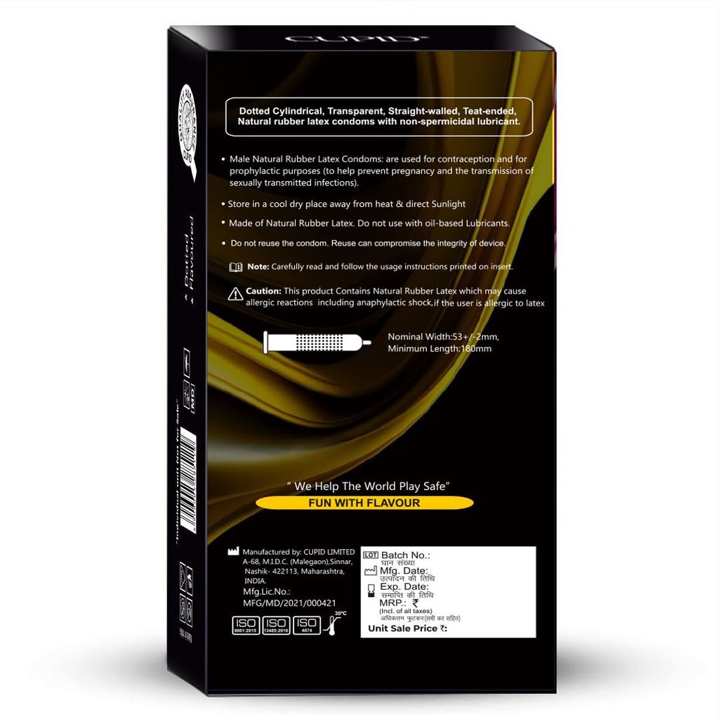 Cupid Dotted & Flavoured Condoms (Mango, Strawberry, Chocolate, Butterscotch & Vanilla Flavour) Pack of 5 | Lubricated & Multitextured Condoms | For Her Enhanced Pleasure | Pack of 5, 12 Pcs Each view 2