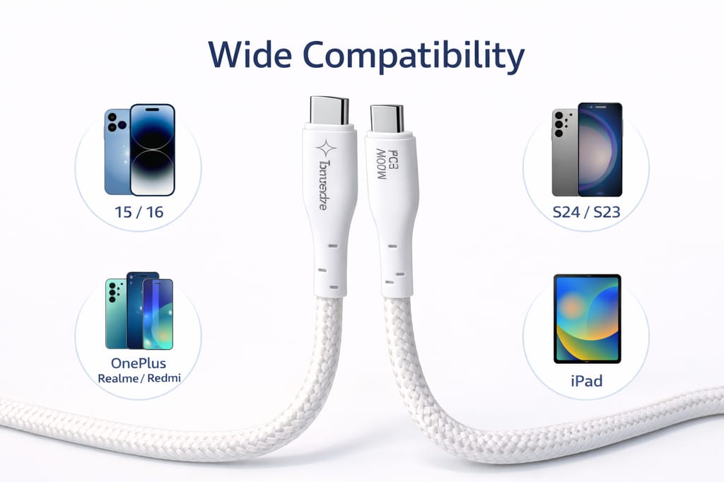 Tarendra 120W PD Fast Charging Type C to Type C Cable 1.5 Meter 5 Core Nylon Braided, Supports VOOC, SuperVOOC, Dash, Dart, Warp, Compatible with iPhone 15/16, Samsung Galaxy S24/S23, OnePlus 12/11, Realme, Redmi, iPad view 2