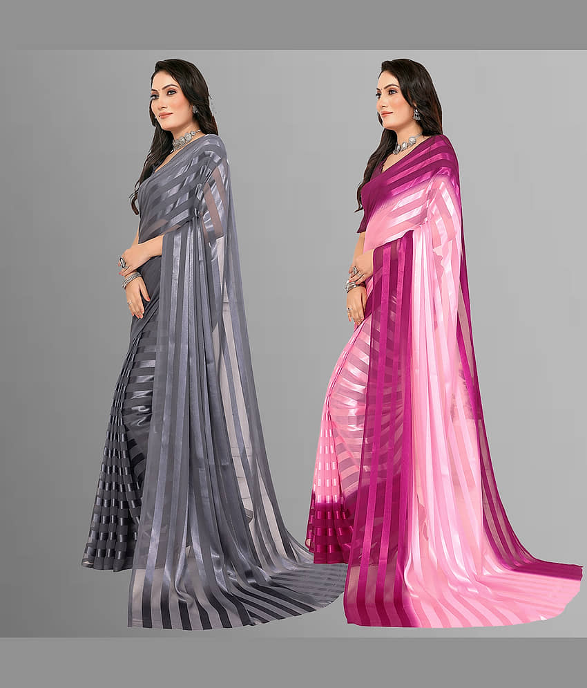 ANAND SAREES Satin Striped Saree With Unstitched Blouse Piece ( Multicolor ) view 2