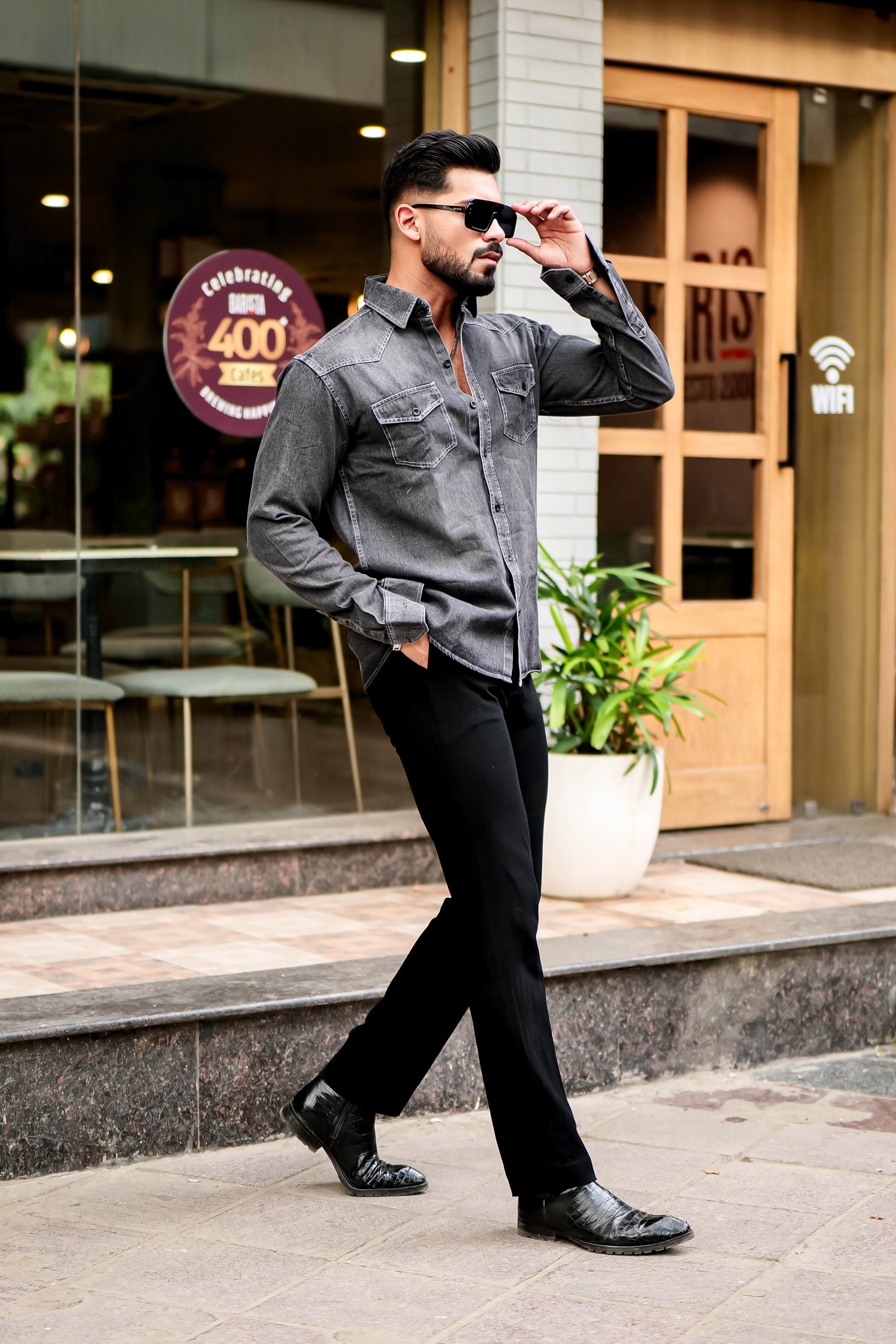 Black Denim Double Pocket Full Sleeve Shirt view 2