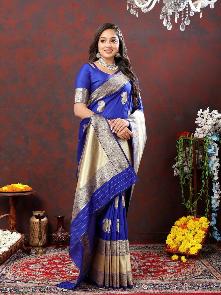 Blue Soft Silk Woven Design Gold Zari Weaving Saree view 2