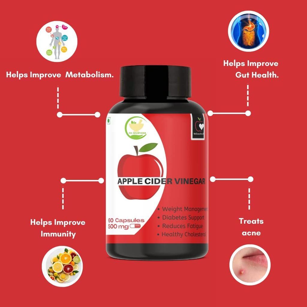 FIJ AYURVEDA Apple Cider Vinegar Capsules Support Weight Management for Men & Women - 500mg 60 Vegetarian Capsules view 2