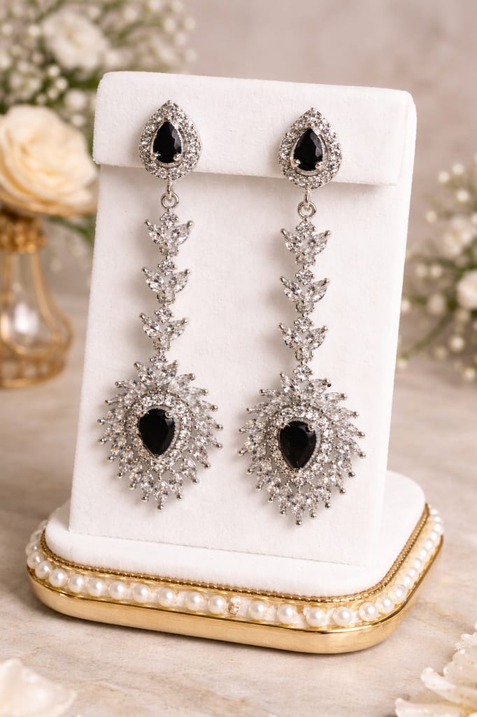 ✨Elegant Silver Plated Black Stone & CZ Long Dangler Earrings ✨ view 2