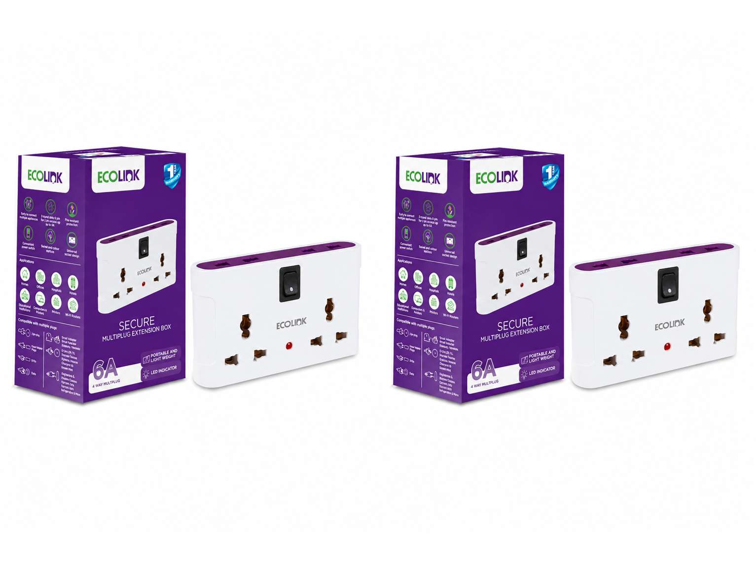 EcoLink 4 Way Multiplug 6A | Compact Power Distribution | Surge-Safe Build | Universal Sockets | for Home and Office - 2 Unit - Ecolink