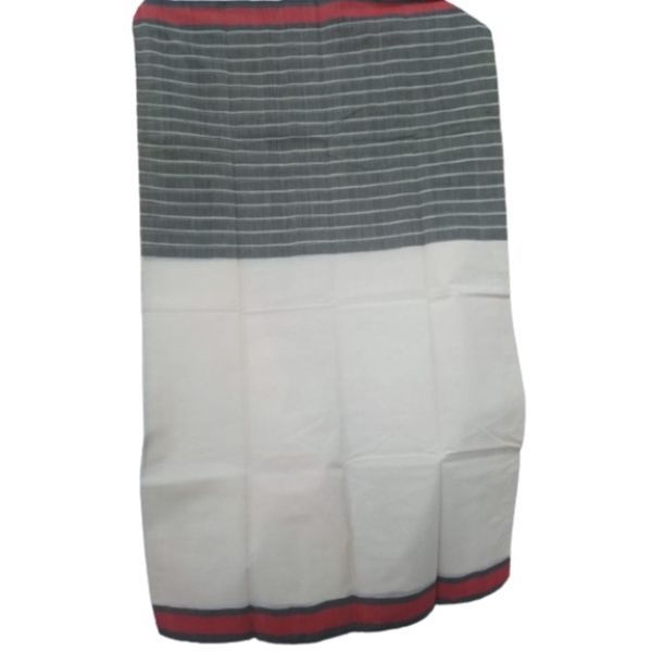Handwoven Cotton Saree - White with black stripe and red border view 2