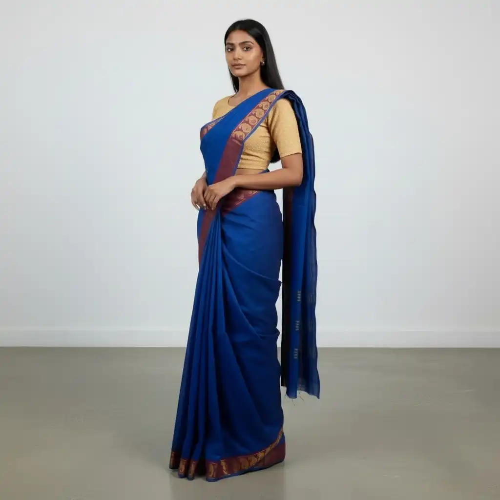 Handwoven Kanchipuram Cotton Saree in Royal Blue with Golden Border view 2