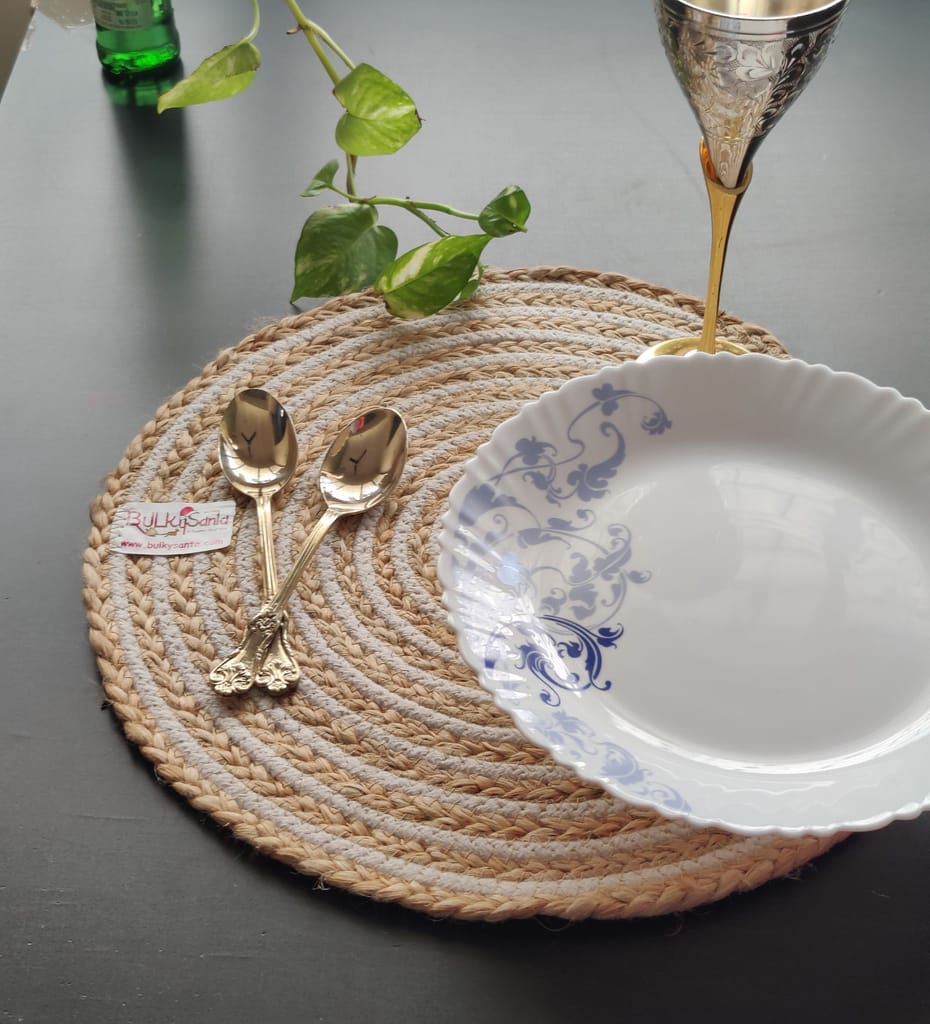 Round table mats cotton placemats (pack of 3) | Dining table mats 14", Heat Resistant, Reversible Use (Cotton - Jute) by Bulky Santa view 2