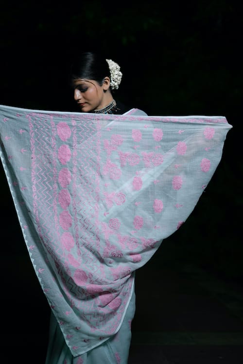 Shwet Sea green Chikankari Kota Cotton Saree
