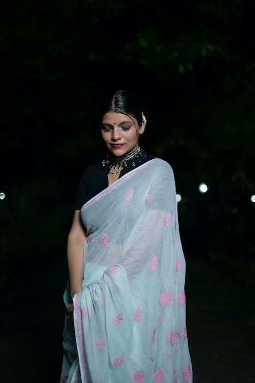 Shwet Sea green Chikankari Kota Cotton Saree view 2