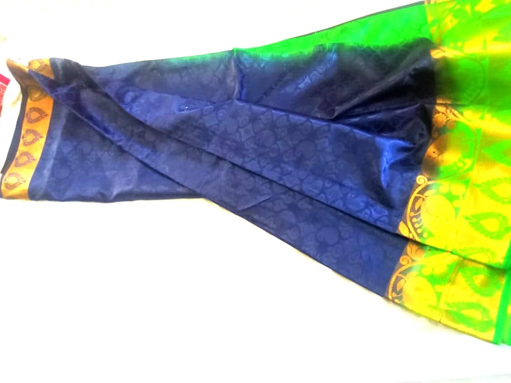 Blue and Green Traditional Saree with Golden Border view 2