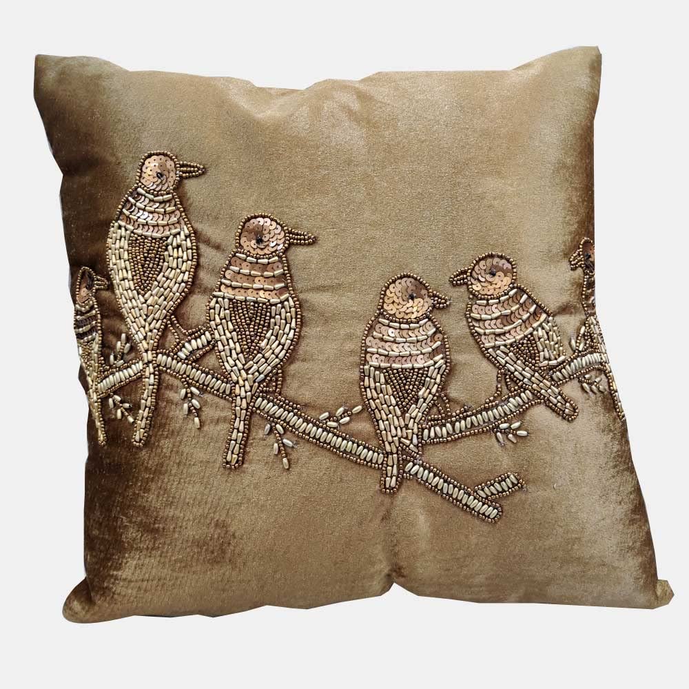 Suede Bronze Brown Set of 3 Ethnic Beaded Embroidered Square Combo Cushion Covers for Sofa Home Bedroom (16x16 inch or 40 x 40 cm) view 2