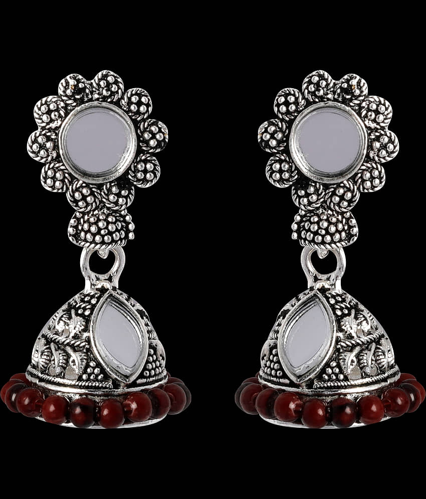 SILVER SHINE Trendy Maroon Mirror with Beads Jhumki Earrings view 2