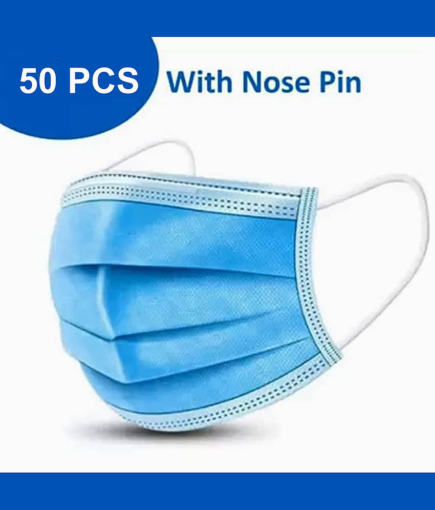 BLAQUE 3 Ply Anti Viral, Anti Pollution Surgical Disposable Face Mask With Nose Pin & Meltblown Layer- Pack of 50 (Blue)
