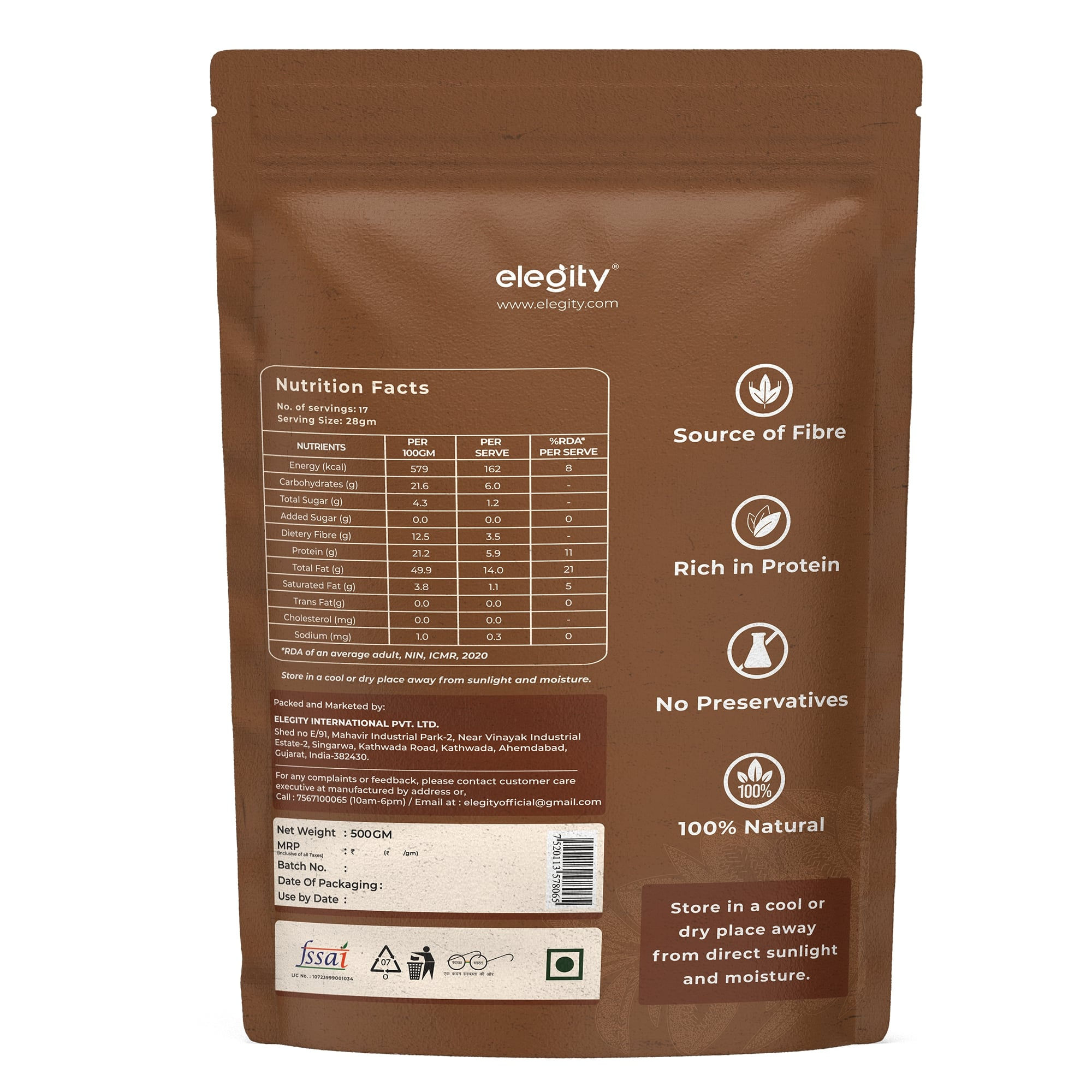 Elegity 100% Natural Plain California Almonds Pouch 500 gm | Nutritious & Delicious Badam | High in Fiber & Boost Immunity | Rich in Protein, Tasty Nuts | No Preservatives Added in Dry Fruit view 2
