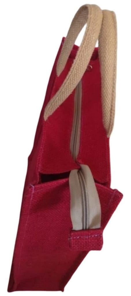 Red Jute Tote Bag with Zipper Closure view 2