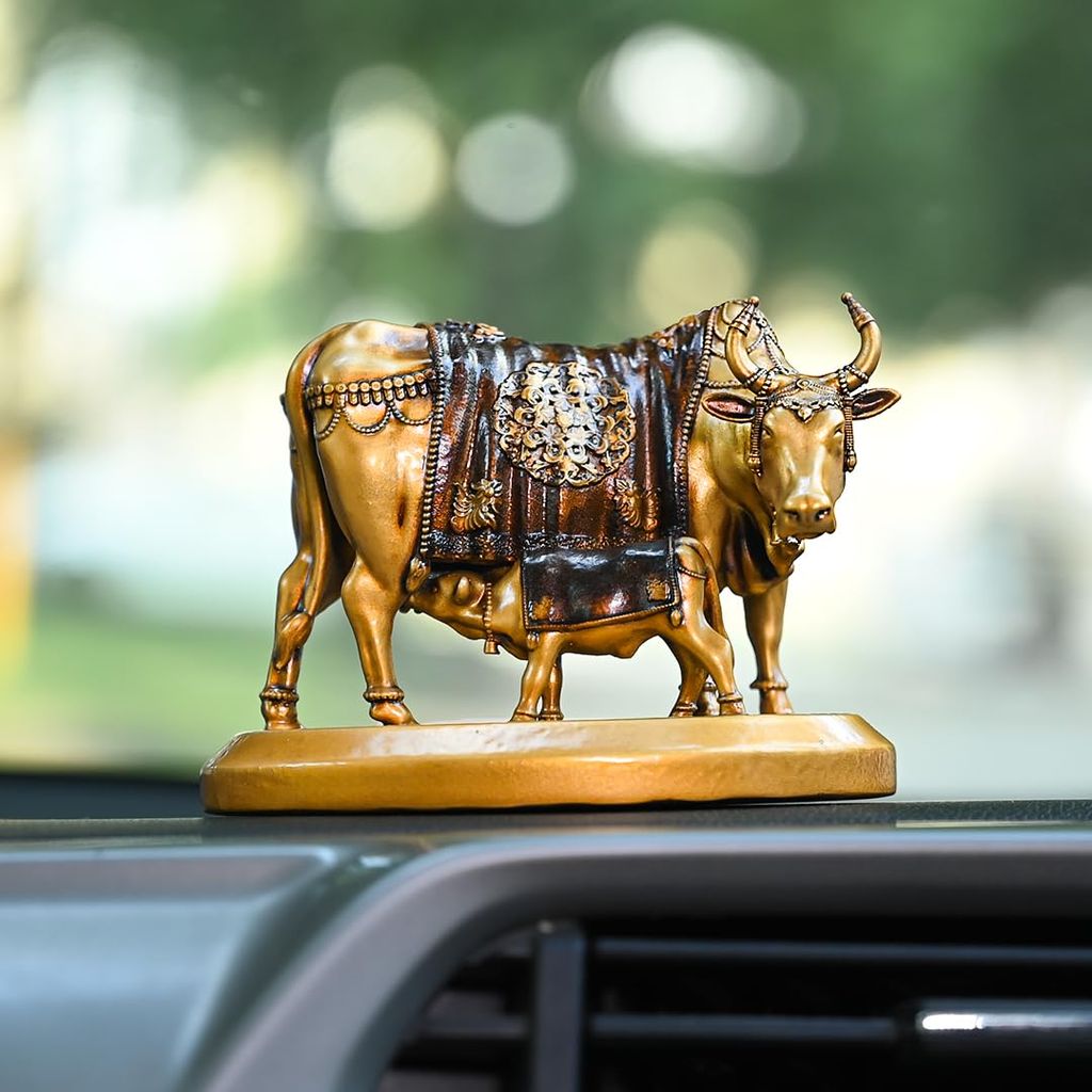 Artarium Handcrafted Holy Kamdhenu Cow with Calf Statue Vastu Rectification Resin Fengshui Figurine for Car Dashboard Home Deocration Gifting Good Luck Prosperity Happiness (3 Inch) view 2