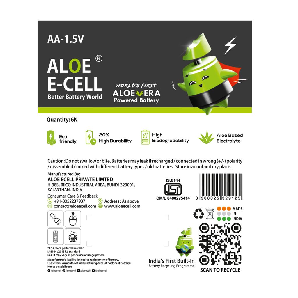 ALOE E-CELL Heavy Duty Aloe Vera Powered Batteries - 1.5X More Power Pack of 6 view 2