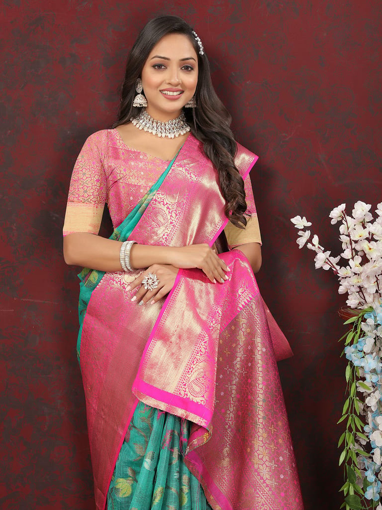 Teal Cotton Woven Design Zari Meenakari Weaving Saree view 2
