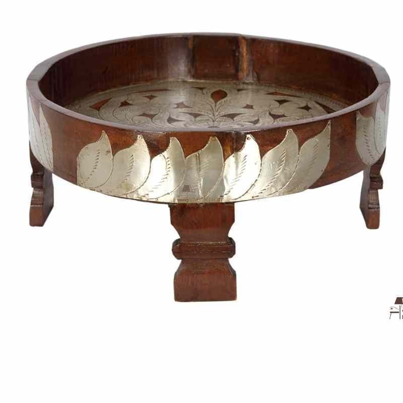Wooden Indian Art Style Carved Antique Coffee Table | Brass Fitted Grinder Stool for Home Decor view 2