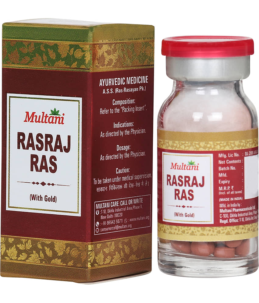 Multani Rasraj Ras With Gold | Enriched With 24 Carat Gold, Moti Pishti, Ashwagandha & Abhrak Bhasma | Helpful In Pains Causes By Vata Imbalance/वात रोग | 10 Tablets