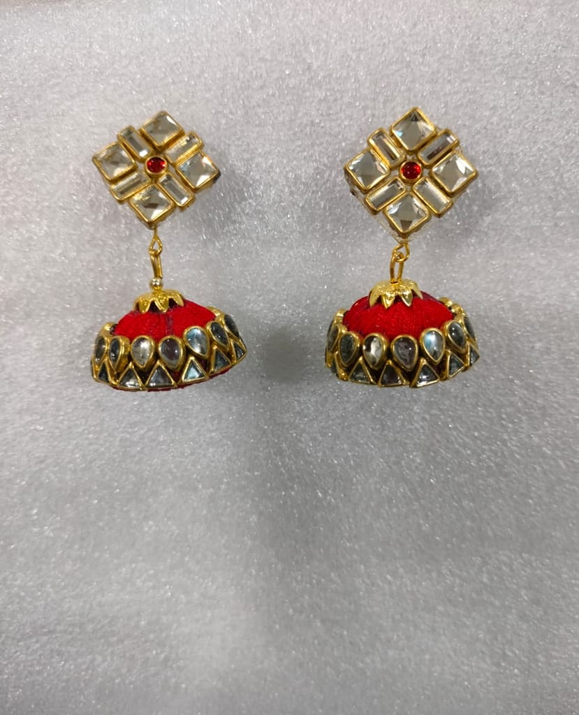 Blue Silk Thread Jhumka Earrings with Rhinestones view 2