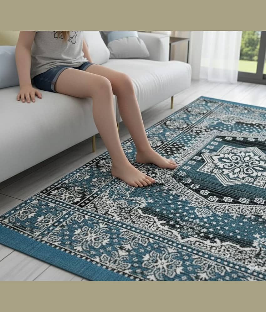 FURNISHING HUT Aqua Cotton Carpet Floral 4x6 Ft view 2
