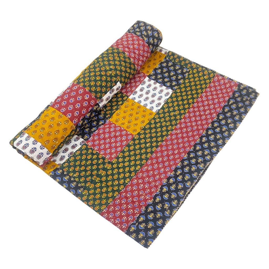 Garvi Gurjari (A Gujarat Govt Enterprise Multicolor Cotton Patchwork Quilt with Navy Blue Border view 2
