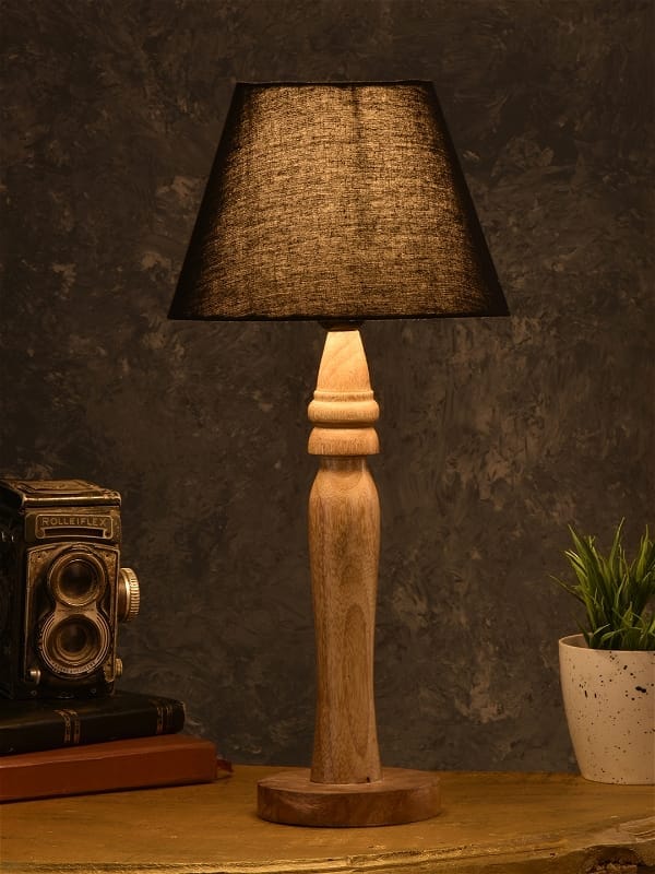 Green Girgit Round Brown Lamp With Taper Black Cotton Shade view 2